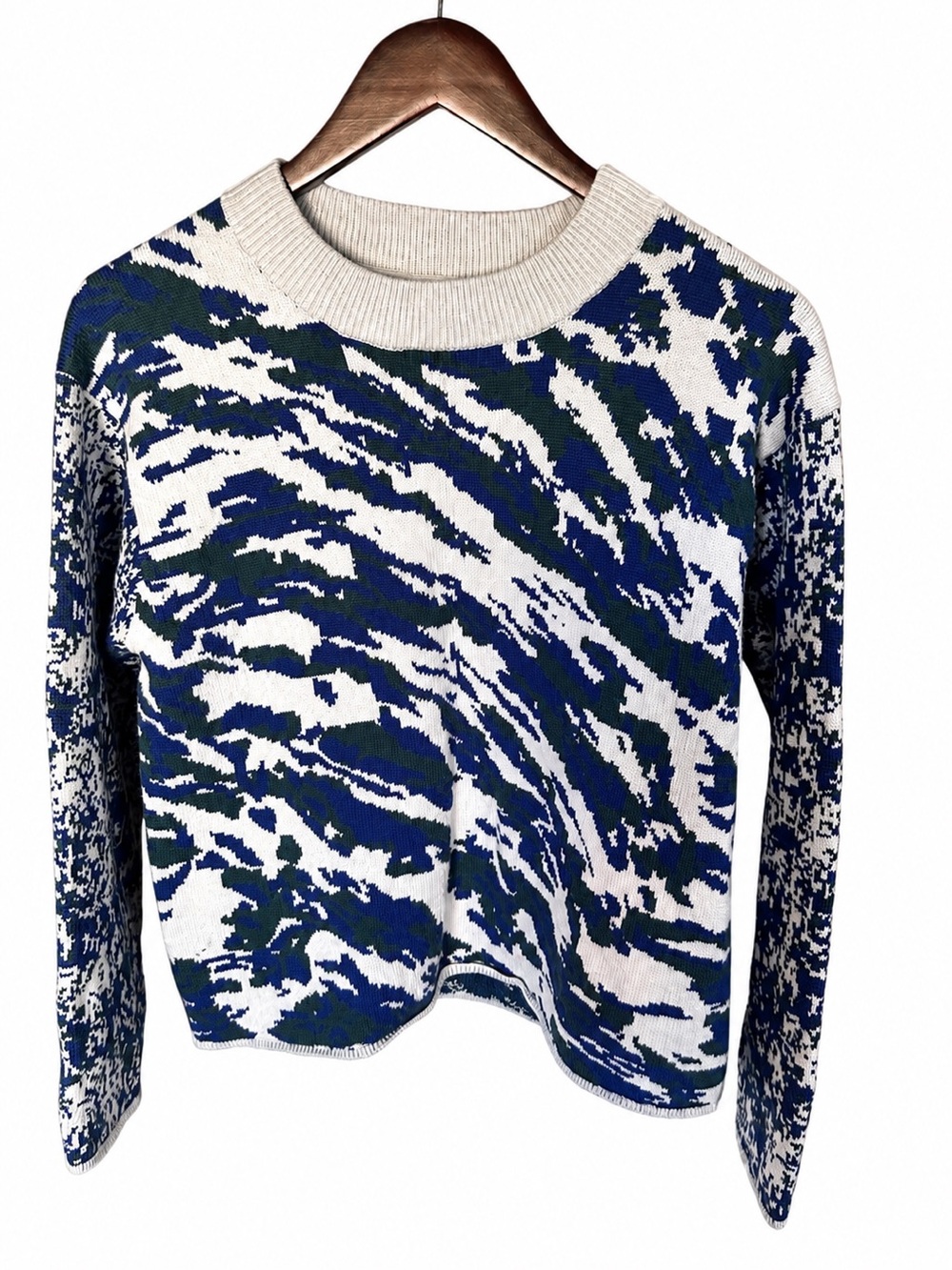Lululemon Wool Blend Abstract Wave Knit Sweater in Blue, White and Green Aztec